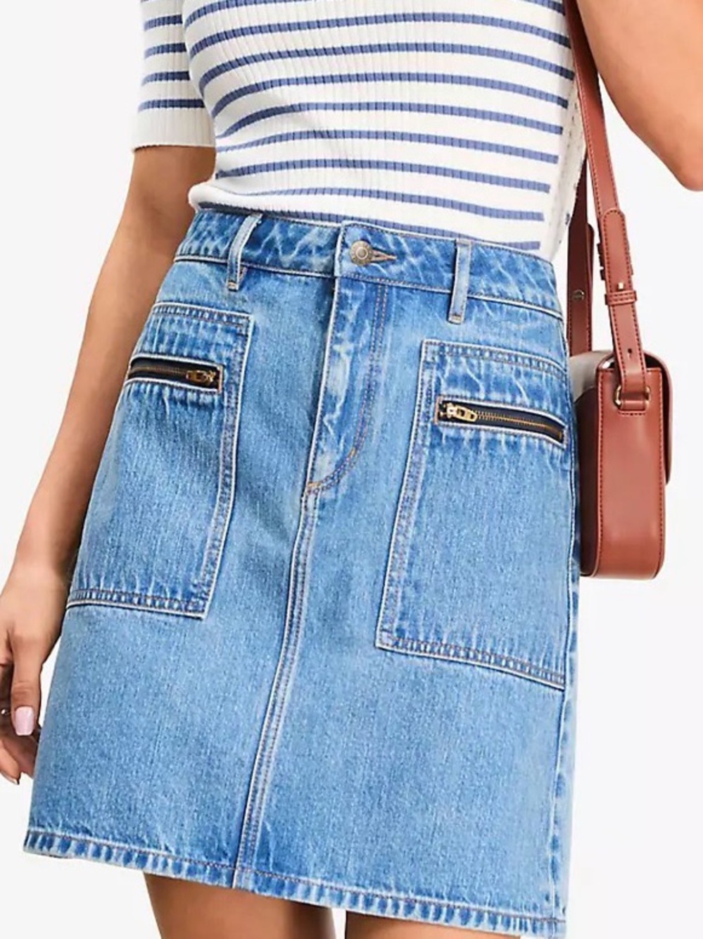 LOFT Light Blue Denim A-Line Skirt with Front Zip Pockets